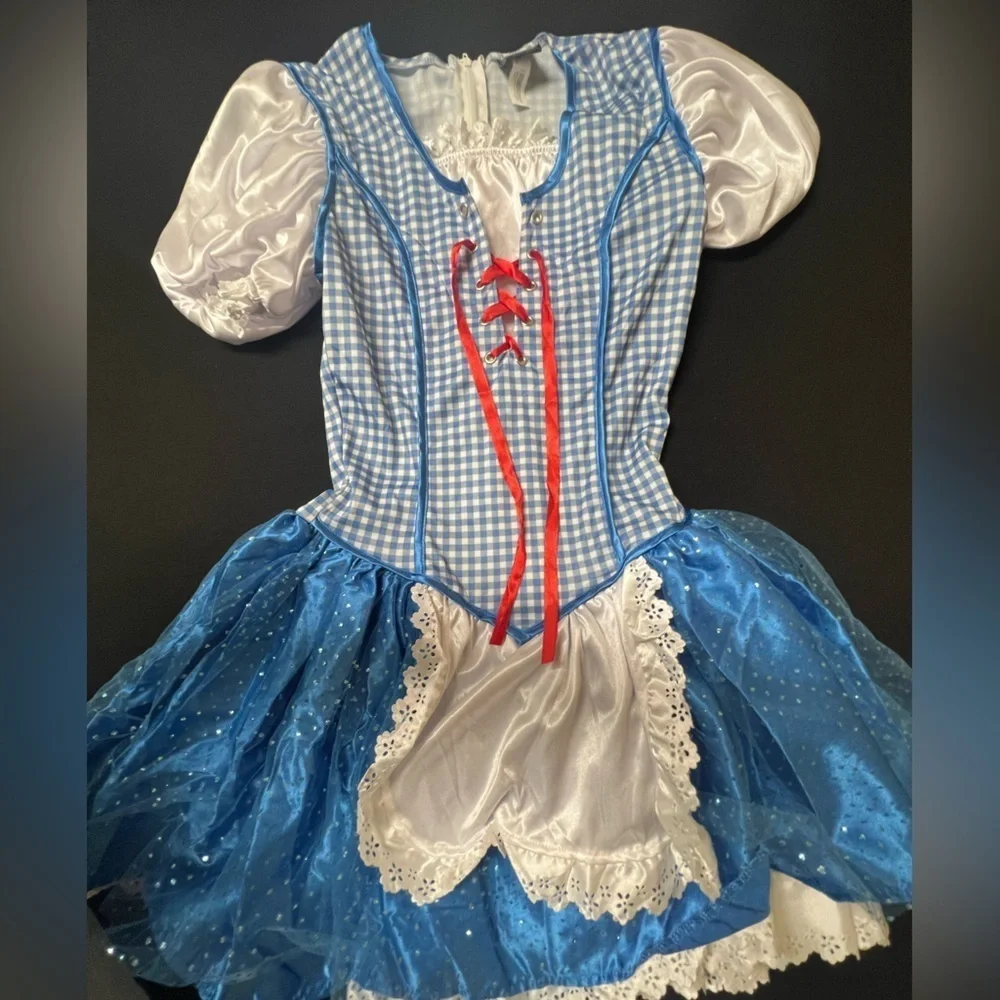 HALLOWEEN COSTUME WIZARD OF OZ  “DOROTHY” KIDS LARGE 12-14. DRESS & 2 RED BOWS